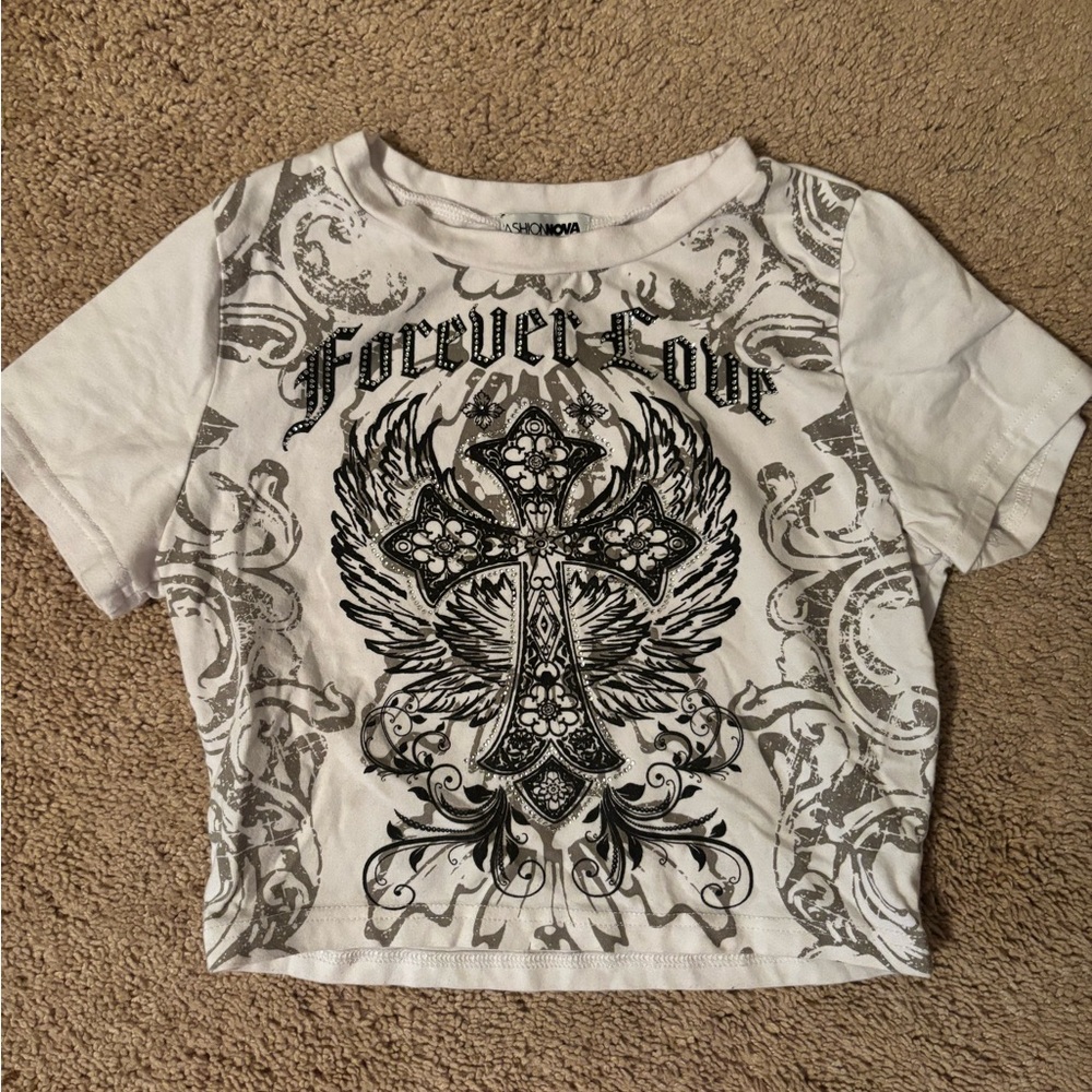 Fashion Nova White and Black Crop Top with Gothic Graphic